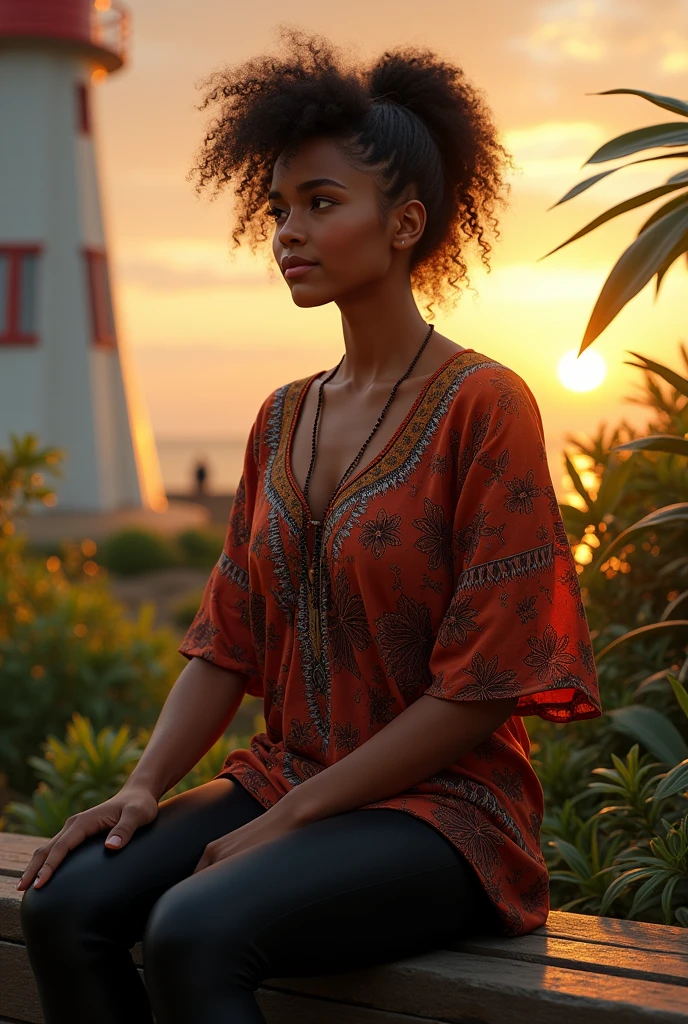 (photorealism:1.2), a beautiful Papua New Guinean woman, sitting on bench beside a light house, wearing Papua New Guinean meri blouse, black leggings, big curly hair, the hair is tied, outdoor, sunset, plants in background, relaxed pose, realistic, intricate details, warm colors, the name JESS  as the heading 
