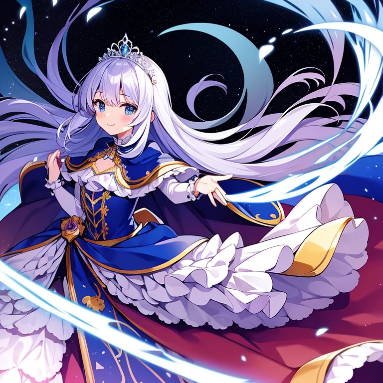 moe style illustration, looking at viewer,(best quality),(rococo style gown),(long train blue cape:1.15), very long cape,(long train white ball gown with flower decorations:1.1), a girl is wearing a cape over her gown, 1 little princess, tiara, smile, very long hair, small breasts