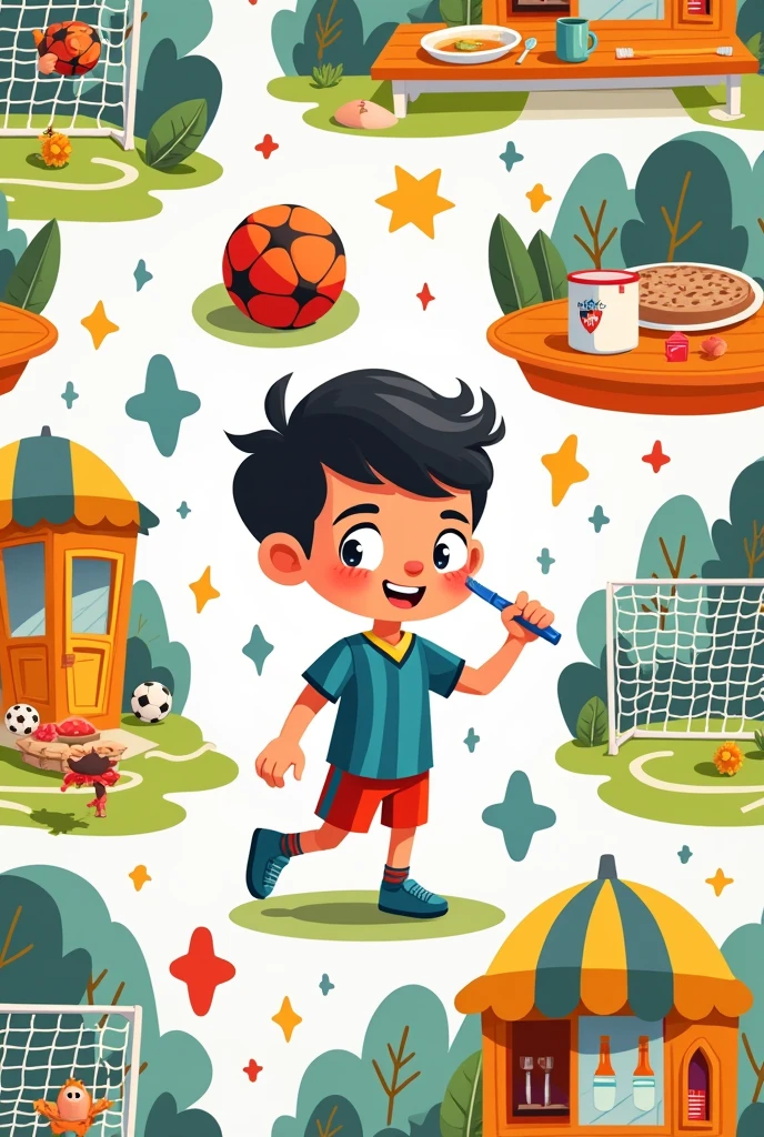 Create a routine image pattern for an 8-year-old boy who loves football.
Activities like: personal hygiene,
breakfast, tidying up the room, screen time, household chores and getting ready for school