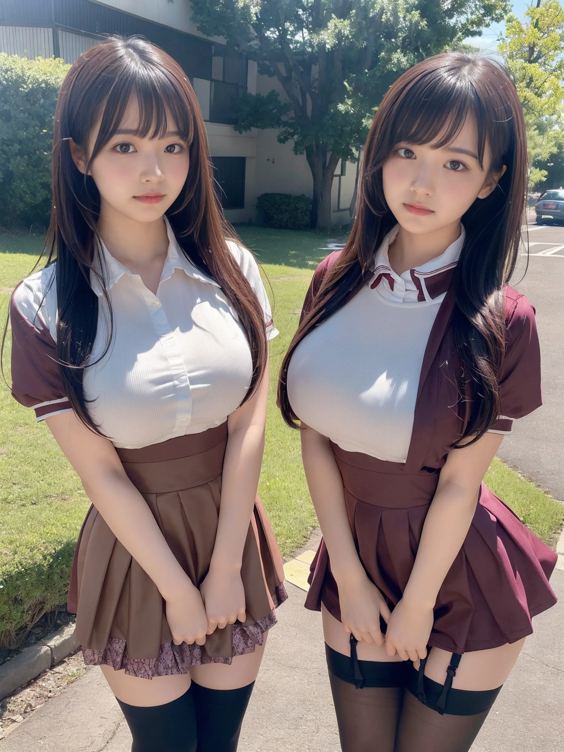 masterpiece, Highest quality, shape, Very detailed, The finer details, High resolution, 8k,wallpaper, Perfect dynamic composition,(High quality with attention to detail, Realistic depiction of eyes:1.3), ((Two high school students)),(Two Girls:1.4), Are standing, short hair, (Wavy Hair:1.2), (A short-sleeved, tight-fitting dress shirt with a collar,Tight Skirt,Knee socks,zettai ryouiki:1.4), Black hair color, Big Natural Color Lip, (Bold sexy pose,Burning idol pose)、 Crying a little, Harajuku Style、Acrobatic pose, 20-year-old girl、Cute type、ta、Beautiful legs, idol carving, Japanese Idols, Huge breasts、Erect nipples