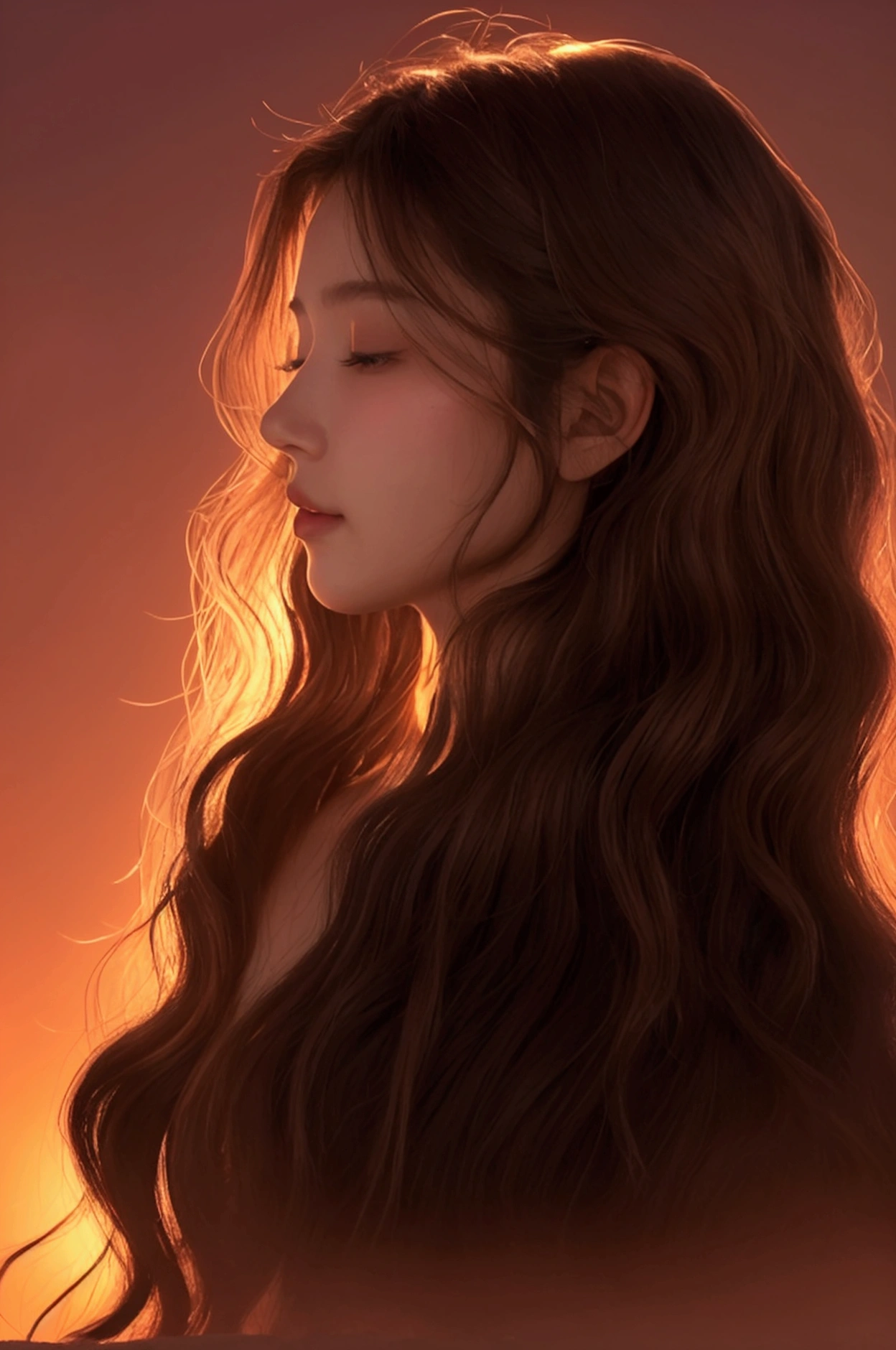 A vertical image of a serene woman in profile. Her features are soft and detailed against a dark background. She has wavy hair that flows upwards, (nude,nake),outlined with a vibrant red glow that gives the impression of a glowing aura. Her eyes are gently closed, and her expression is one of deep tranquility.
