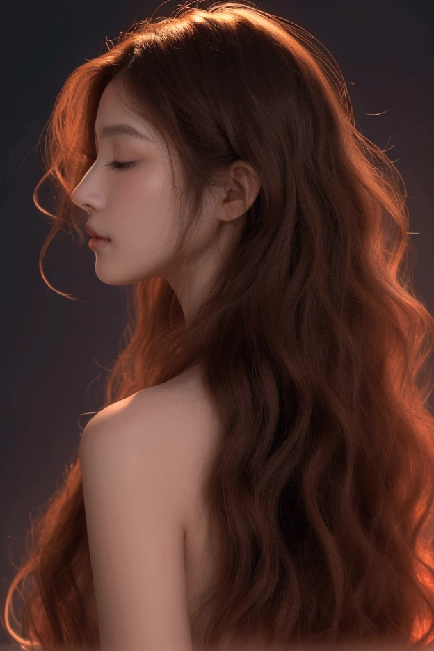 A vertical image of a serene woman in profile. Her features are soft and detailed against a dark background. She has wavy hair that flows upwards, (nude,nake,small breasts),outlined with a vibrant red glow that gives the impression of a glowing aura. Her eyes are gently closed, and her expression is one of deep tranquility. 