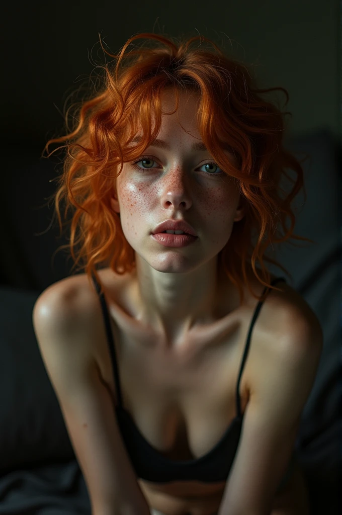 (8k, RAW photo, highest quality),(epic realistic:1.5), a girl, dynamic posture,erotic face,shirt,(detailed eyes:0.8), (highest quality), (best shadow),intricate details,cinematic,((skin:1.4)),interior, (long ponytail ginger hair:1.3),dark studio,(hdr:1.5),detailed, muted colors, frecklesTop quality, (bright lighting: 0.7), masterpiece, RAW photo (pale 20-year-old woman, looking down at the viewer), cute, (undressed, disheveled, with curly ginger matted hair), (sitting), full-length portrait, perfect face, captivating eyes, bright details, pouting lips, (high skin detail), freckles, medium breasts, hard nipples, NSFW (blue tint: 0.6), (dirty: 0.8), (bloody: 0.7), Key lighting, (backlight: 0.5), medium depth of field, Canon 5D, 50mm lens, f/4 aperture, (ultra-detailed, complex detail), sharp focus, 8k, absurd, 8mm film grain,flirting with camera