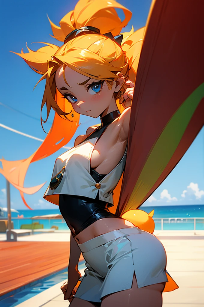 masterpiece,best quality,1girl,mature female,lusamine,blonde hair,yellow eyes, half-closed eyes,very long hair,(hair over one eye:1.3), a come-hither face, parted lips, nose blush, blush, gold latex swimsuit(highleg), , cleavage, covered nipples,glowing eyes,in the beach, day, standing, come-on,lure , spread legs