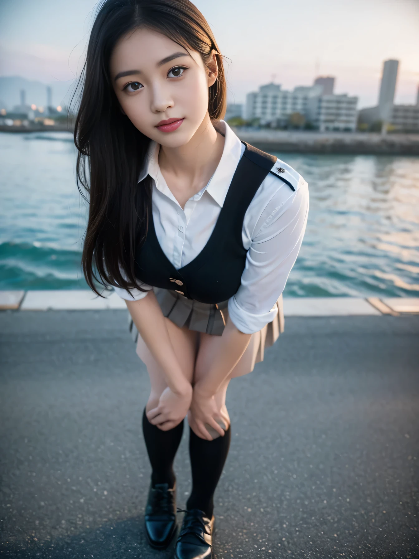 (((One girl))), ((Highest quality)), (Very detailed), (Very detailed CG synthesis 8k wallpaper), Very detailed, High-resolution RAW color photos, Professional photography, Black Hair, Long Hair、Great face and eyes、smile, (((Beautiful ))), (Stunningly beautiful), (((depicted in detail、Realistic finger joints)))、Depth of written boundary、Hands are clearly visible、depicted in detail、Realistic finger joints、Realistic hands and feet、Perfect anatomical detail、The knuckles of the hands and fingers are clearly visible
(((Woman in uniform))), (((Japanese High School Uniform))), White blouse, Pleated skirt, ribbon, Black knee-high socks, Leather shoes, A bustling port town、Standing on the seashore, Clear sky、sun





