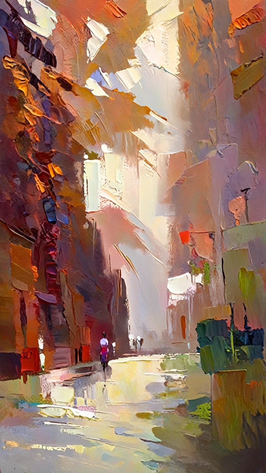 a thick textured oil painting, impasto brushstrokes, dry brushing,revealing underlayers, abstract landscape, moody lighting, dramatic shadows, muted earthy colors, vibrant colors, highly detailed, masterpiece,