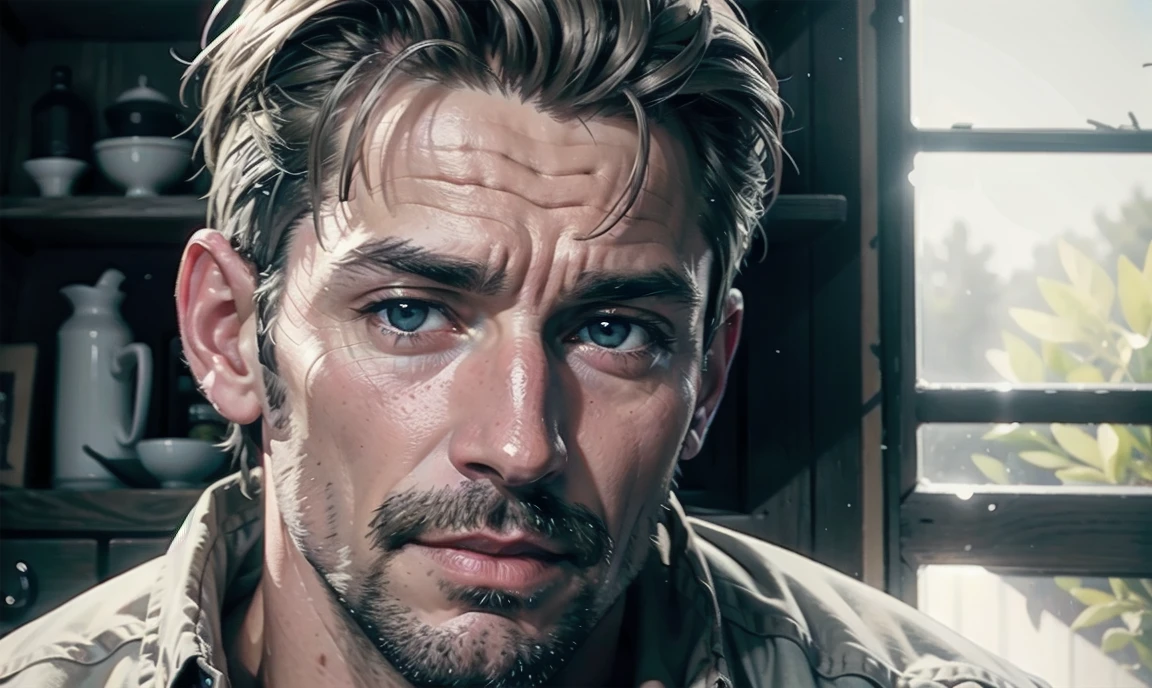 [((highly detailed, detailed eyes, detailed face, clear and realistic facial features, photorealistic, realistic light, cinematic)), ((((1 man)))), Mark is a handsome and alluring slender but muscular male farmer father aged 45 with short blond hair and a neat moustache and blue eyes and weathered skin wearing a flannelette shirt, ((sexy southern gay daddy farmer)), ((greying dark-blond hair)), (((weathered mature face))), (((Mark has a seductive smirking look on his face and a slight blush on his cheeks))), There is a charming yet dry southern farm in the background, ((sexual tension mood))]