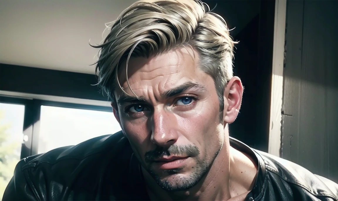 [((highly detailed, detailed eyes, detailed face, clear and realistic facial features, photorealistic, realistic light, cinematic)), ((((1 man)))), Mark is a handsome and alluring slender but muscular male farmer father aged 45 with short blond hair and a neat moustache and blue eyes and weathered skin wearing a flannelette shirt, ((sexy southern gay daddy farmer)), ((greying dark-blond hair)), (((weathered mature face))), (((Mark has a seductive smirking look on his face and a slight blush on his cheeks))), There is a charming yet dry southern farm in the background, ((sexual tension mood))]