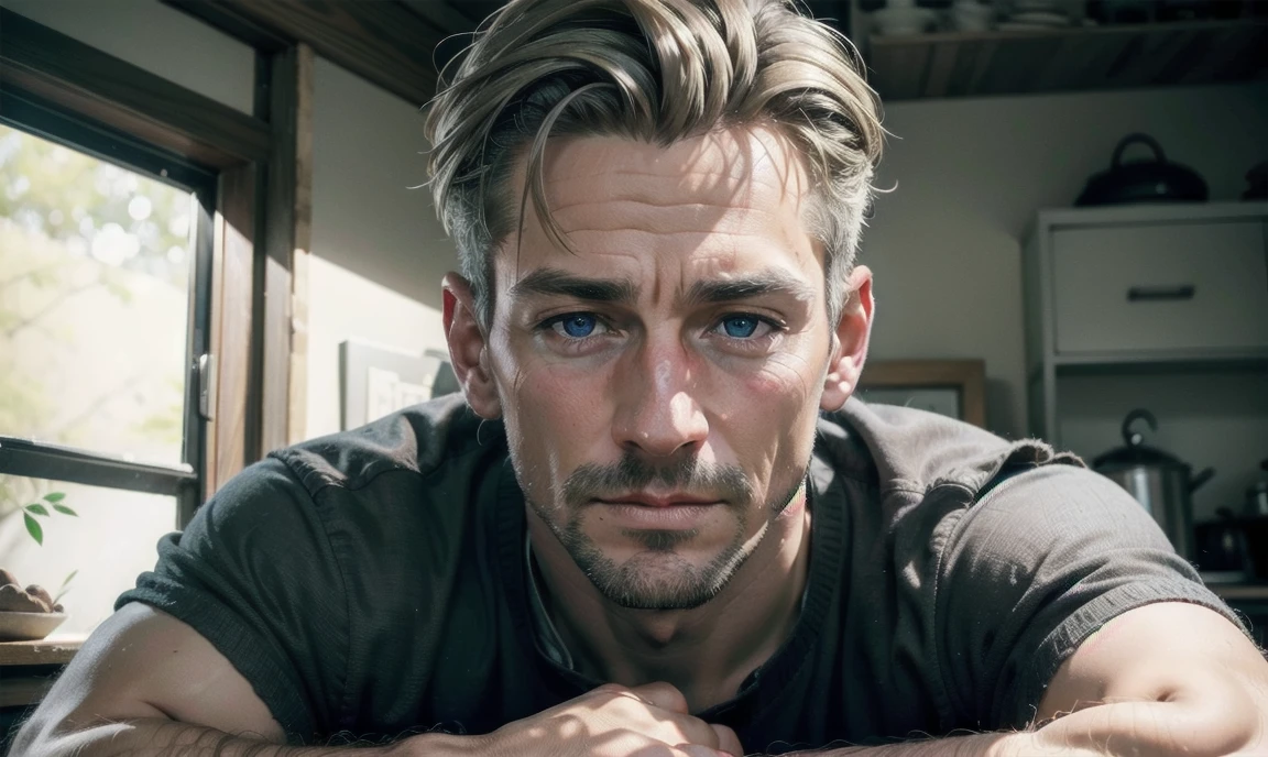 [((highly detailed, detailed eyes, detailed face, clear and realistic facial features, photorealistic, realistic light, cinematic)), ((((1 man)))), Mark is a handsome and alluring slender but muscular male farmer father aged 45 with short blond hair and a neat moustache and blue eyes and weathered skin wearing a flannelette shirt, ((sexy southern gay daddy farmer)), ((greying dark-blond hair)), (((weathered mature face))), (((Mark has a seductive smirking look on his face and a slight blush on his cheeks))), There is a charming yet dry southern farm in the background, ((sexual tension mood))]