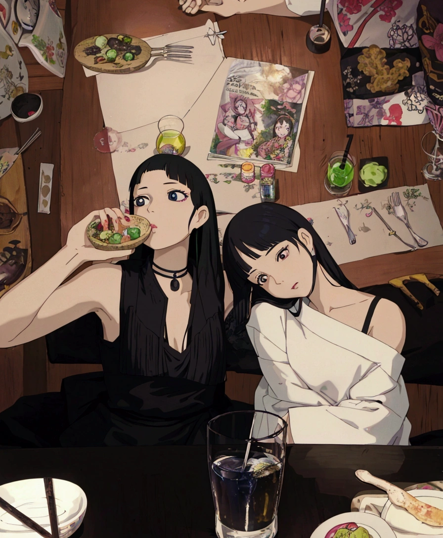 ghibli style, two women sitting at a table with plates of food and drinks, ulzzang, pixivs and junji ito, the hime cut, she has black hair with bangs, goth girl aesthetic, nixeu and sakimichan, russian and japanese mix, with black, trending at cgstation, with a drink, inspired by Wang Duo