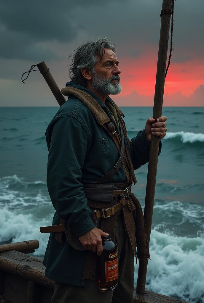 Man holding sail mast of a boat, gazing at the horizon, with a bottle of rum in his left hand, sea with low waves, dark sky with reddish tones 