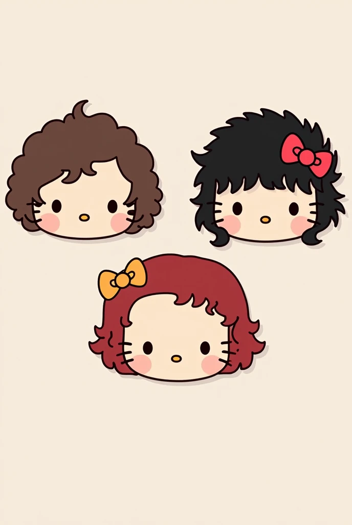 3 hello kitty, one with curly hair/wavy brown, another one with black medium curly hair and, the last one with dark red hair