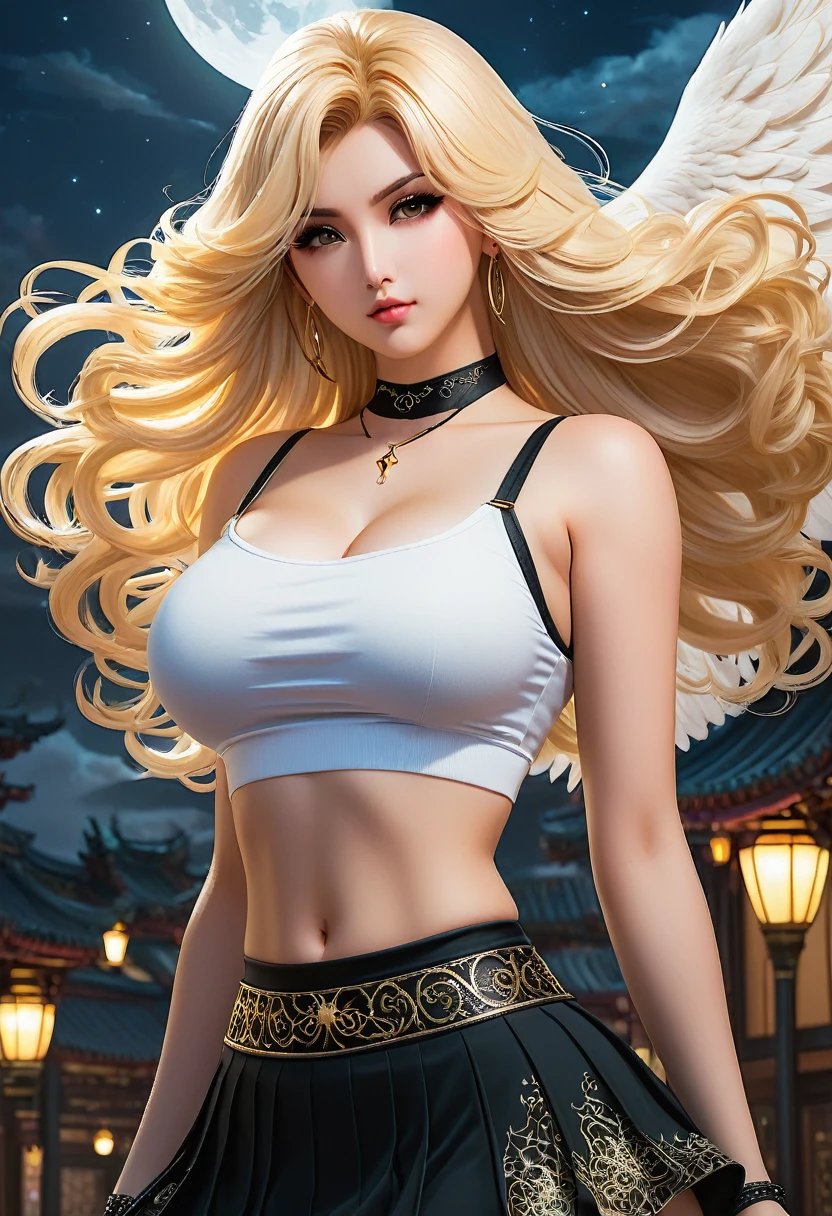 In a mesmerizingly haunting portrayal, thick women busty, a glam-goth goddess angel her Age 28, clean skin, glittering crop top, midriff low rise black mini  skirt, trending on cgsociety , epic, trending on artstation , highly detailed, vibrant, production cinematic character render, ultra-high-quality model ,golden ratio manhwa, manhua, background mysterious,MIDRIFF,mid-long hair blonde