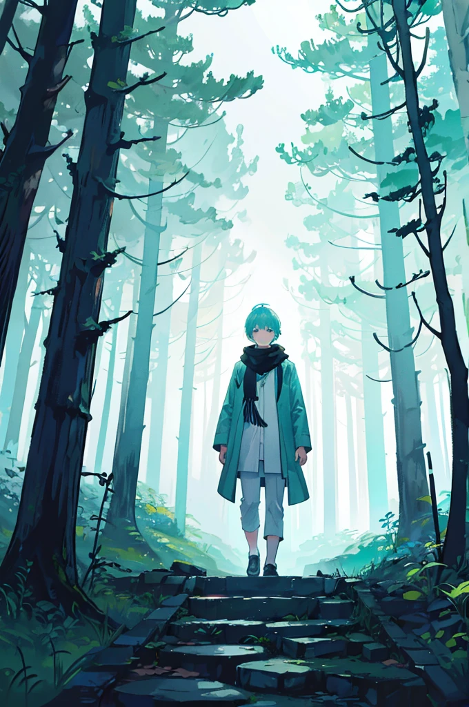 Walking through a forest shrouded in white mist、With short, aqua-colored hair and a lantern in one hand、A boy wearing a black scarf