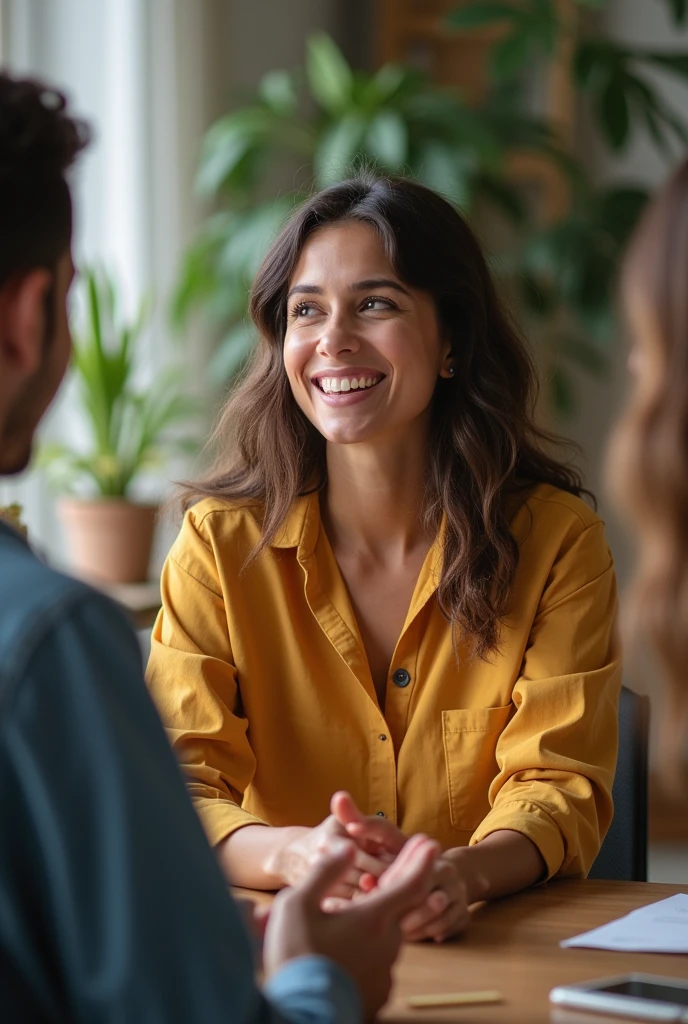 Create an image that body language open gestures using open hand gesture and leaning slightly forward during a conversation to show engagement and receptiveness