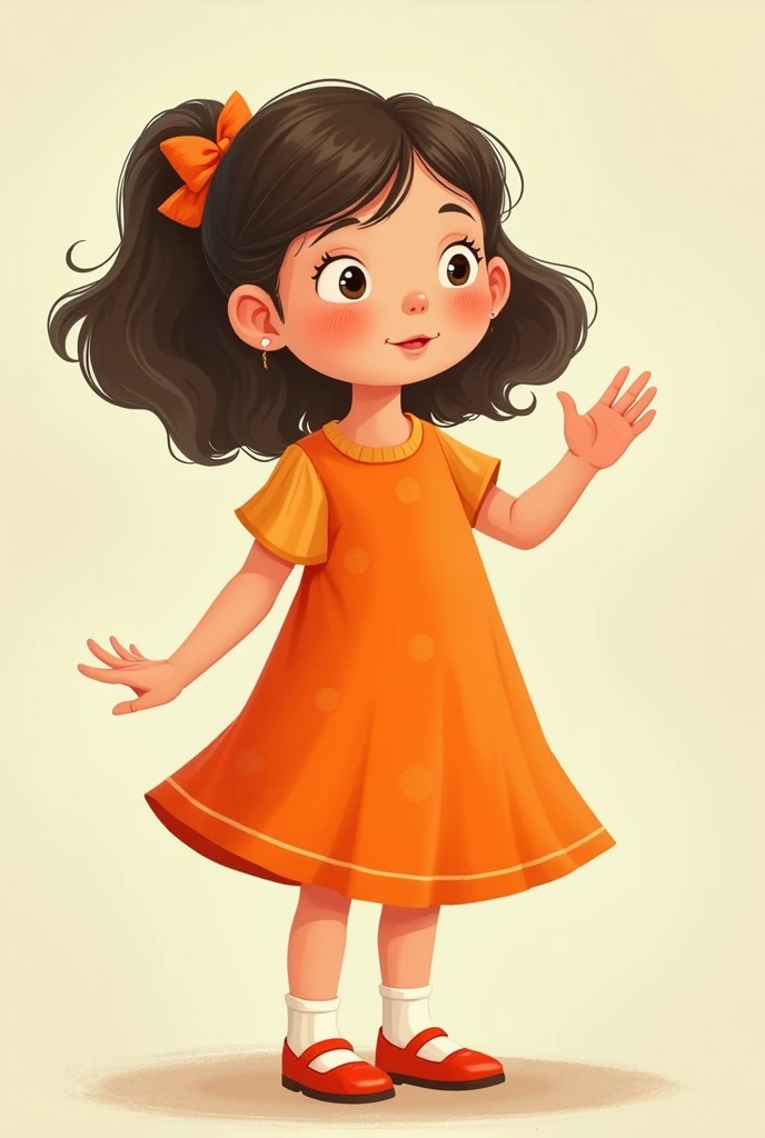 an image of a  girl, front view, full body in an orange dress with different movements with hand , inspired by Mario Comensoli, a screenshot, behance, in school or classroom, children illustration, kids book illustration, childrenbook illustration, illustration for children, children's illustration, childrens book illustration, colorful kids book illustration