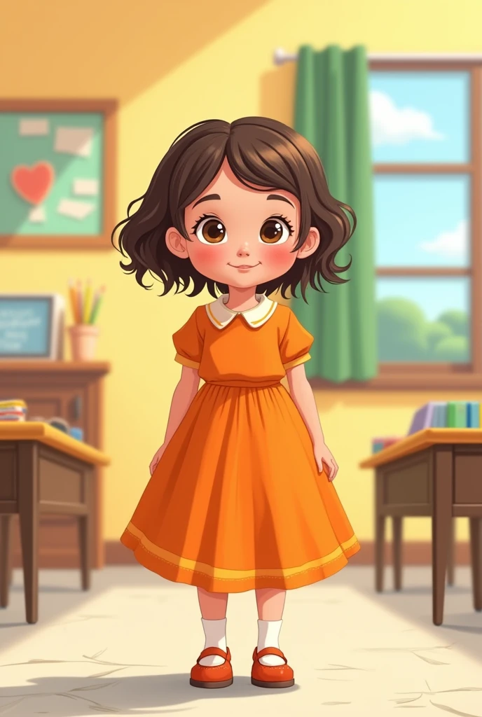 an image of a little girl, front view, full body in an orange dress with different movements with hand , inspired by Mario Comensoli, a screenshot, behance, in school or classroom, children illustration, kids book illustration, childrenbook illustration, illustration for children, children's illustration, childrens book illustration, colorful kids book illustration