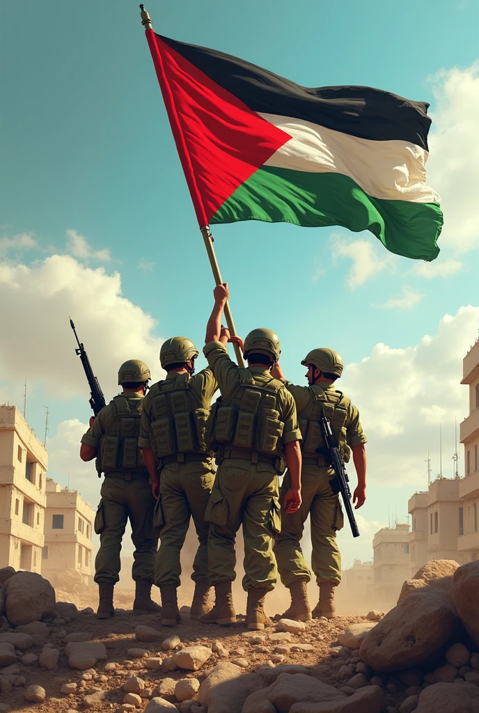 Palestinian soldiers raise the flag of their victory in the war 