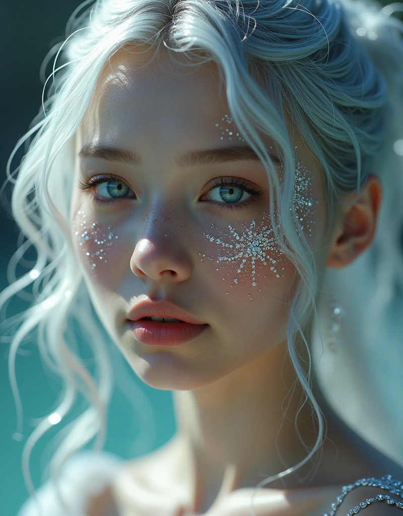 One girl,beautiful,Glittering,Motion Blur,triangle,silver hair,Cinematic lighting effects,close,Detailed face,diamond,crystal,face art