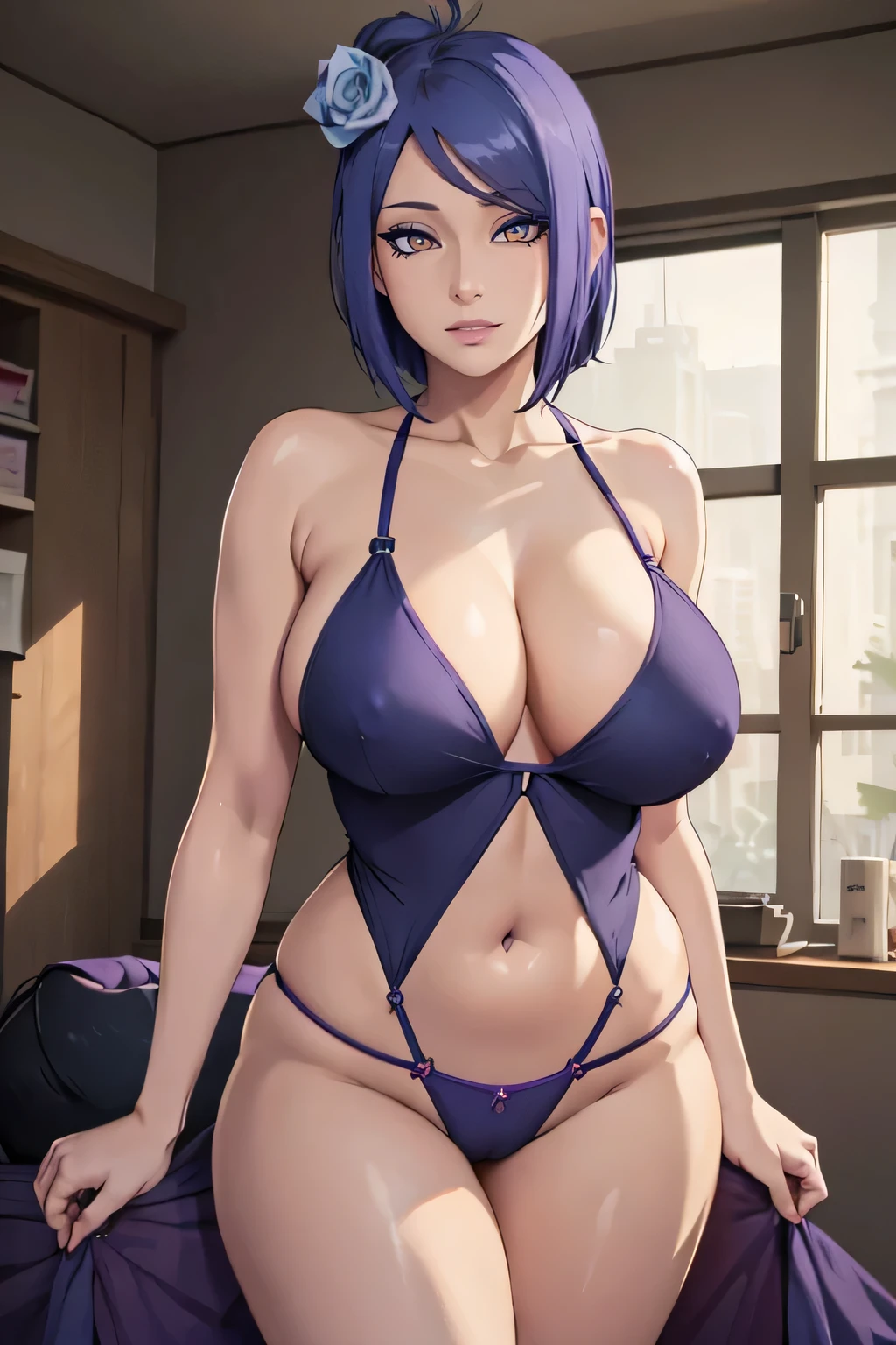 (8k, RAW photos,(1girl),konan, female,cleavage,smile, purple lingerie,thigh cleavage, pussy, nipple, Being red in the face, Dark blue hair, (((cut hair))), ((curvy body)), (sexy body), ((badroom))