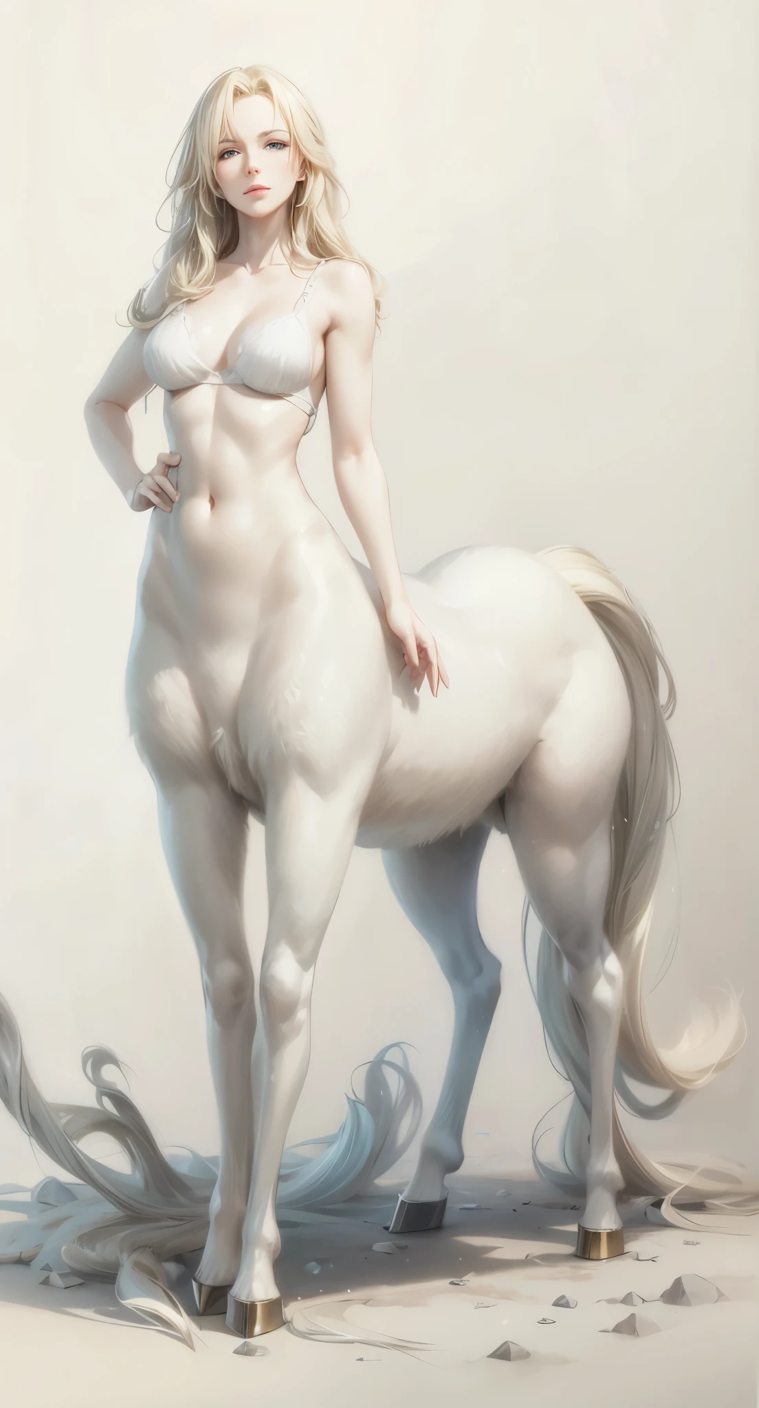 Centaur female，Perfect body，portrait, elegant adult woman, blue eyes, Blonde Hair, 4K resolution, High quality CG, Beautiful CG, Soft Light