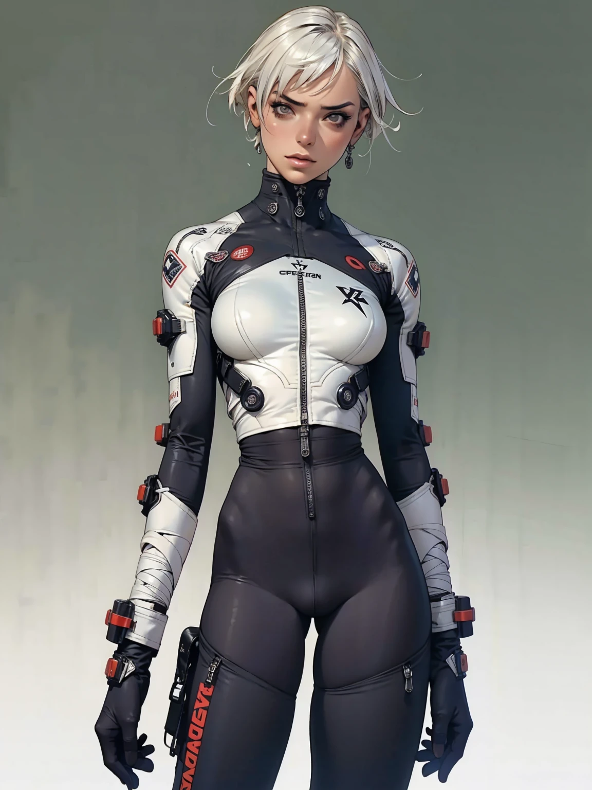 (((Annie Lennox))), ((( nano suit ))), (((bandaged arms))), (((MMA fighter OF THE FUTURE))), ((high collar)), (((Quorra))), (((best qualityer: 1.4))), (Unbeatable masterpiece), (hiper HD),(CG 8k hyper-realistic), (((brave face))), (((breasts big))), (((hyper feminine))), sexly girl,(black bob hair)), ((( sculptural body ))), (((1 Kizi))), Kizi cibernética de 25 anos com perfectbody,,Beautiful and well-groomed face,muscular body:1.2,solid color detailed jacket, (Head to thigh photos), Complex equipment, green dark,Long pants,Tight clothes are dark,With white stars and off-white stripes,,,,,Armor Metal Electronic Parts, Poison tattoos ) INFO, Kizi, (((standing alone))), pirralha violent, ((())), sexly, pose de atitude, work of art, post-apocalypse, (((manga style))), bounty hunter, violent, Manic, the way you want, slenderbody, thin but strong, perfectbody, roupa moderna, advanced technology, neon, sleeves with vertical striped pattern, neutral background, (( cowboy shot )). intricate visual