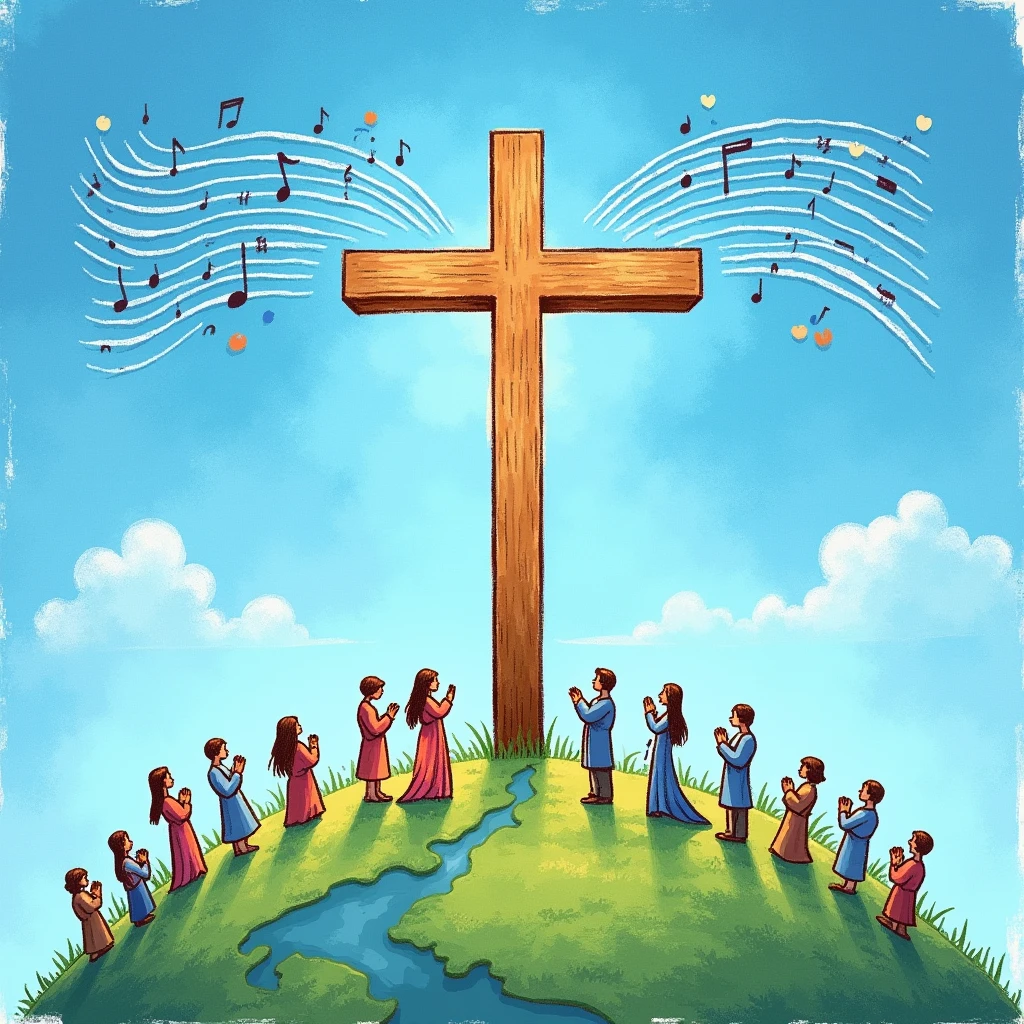 Drawing of a cross in the blue sky, with musical notes and sound waves. People praying on earth.