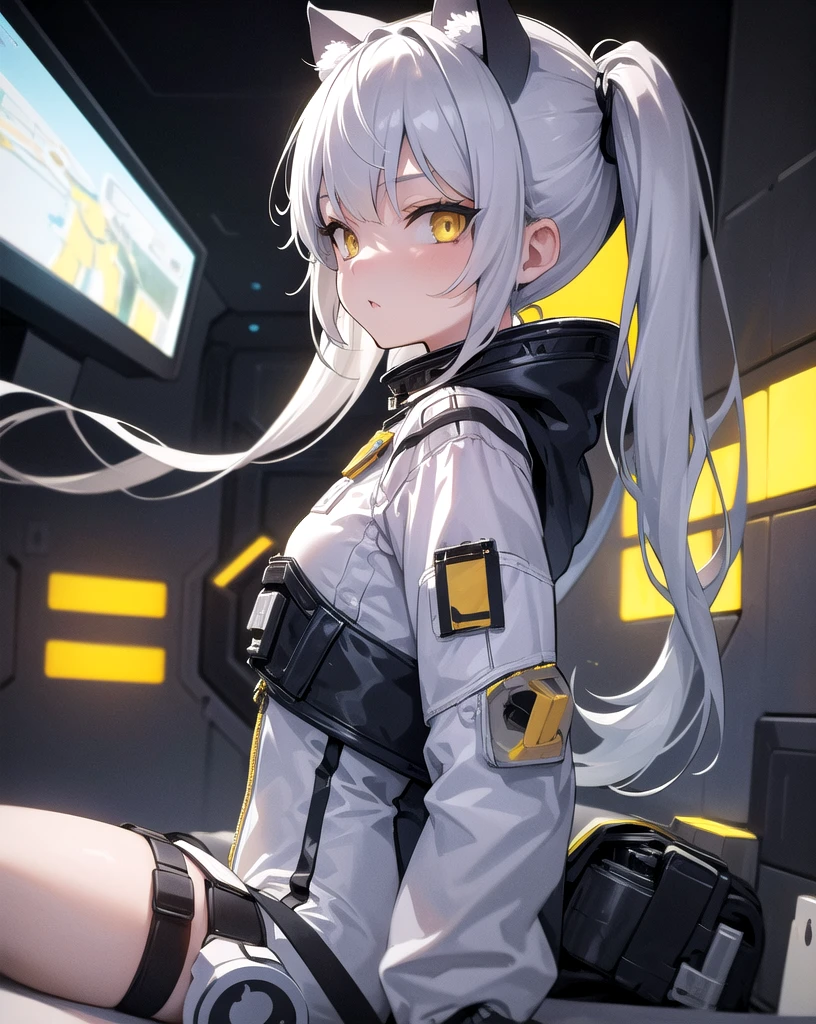 masterpiece, best quality, 1girl, spacecraft interior, spacesuit, upper body, from side, science fiction, yellow eyes, twintails, silver hair, cat ears, looking at viewer,