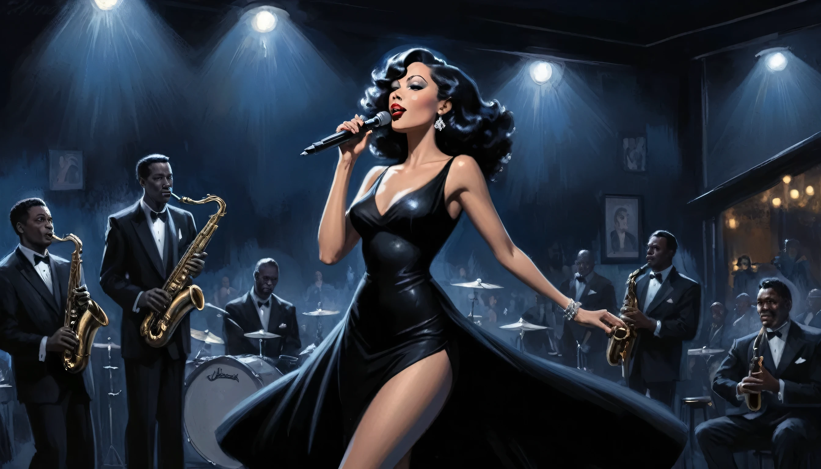 alabama bar, blue note, charismatic, baterist, guitarist, saxophonist, jazz band, black dress, illustration, noir fantasy, singer lady,