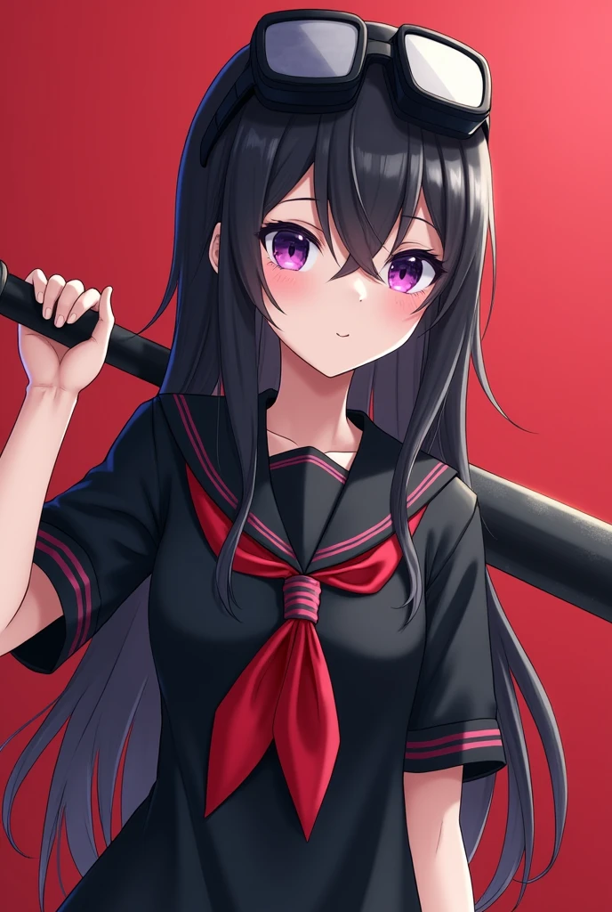 black long straight haircut, black red sailor school dress, fantasy, violet eye, semi anime, black goggle on head, baseball bat, russian