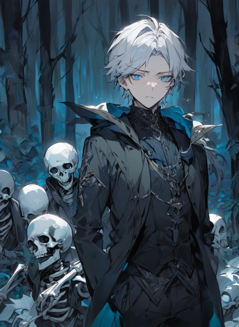 young man ,Male Dark, dark Woods, cold colors, man white hair with blue eye, Warlock dnd , Skeleton army in background, calm face expression