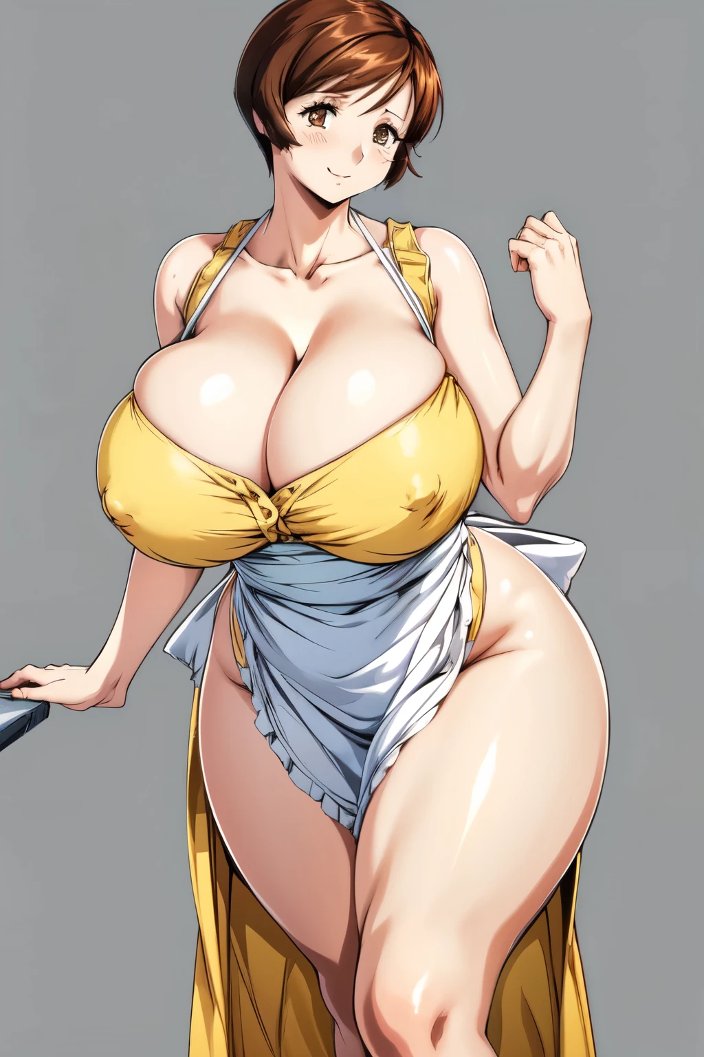 masterpiece, Highest quality, High resolution, One girl, alone, sexual intercourse, Pornographic images, short hair, etsukoto, Brown eyes, fine grain, fine grain, (white skin color), (((Thick thighs, Plump thighs, Voluptuous thighs, Thighs alone are enough))), ((Huge and enough breasts, Cleavage, Big long breasts)), Naughty big,((Big breasts are important))、((Naughty thighs)), L Cup, (thin:1.4),(Tight waist:1.4), (Yellow Dress:1.4), ((white waist apron)), White panties, (((Simple Background))), smile, Open your mouth, ((Wide Hips)), (Shiny skin, Oily skin), Mature mother, Calf, Seductive mature woman, Mature Woman, Perfect body, Plus Size Model, Curvy, enough, etsukoto, blush, clavicle, retro artstyle, 1990s (style), (Thick thighs:1.4), (from side:0.9), ((standing)), spread legs, bare legs,