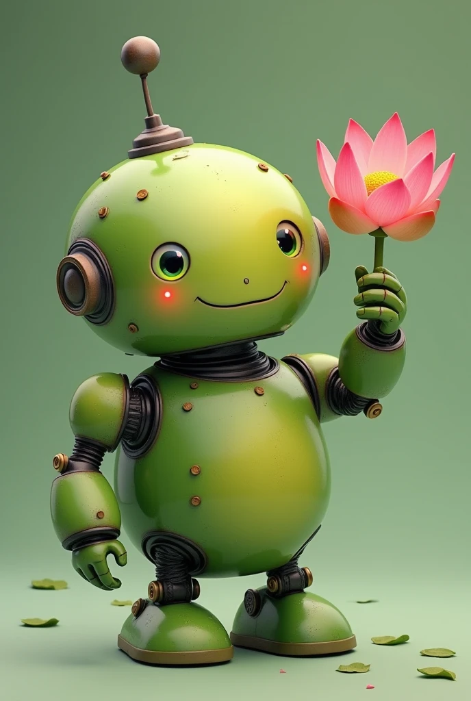 Friendly, chubby, green robot holding a lotus flower on its hand.