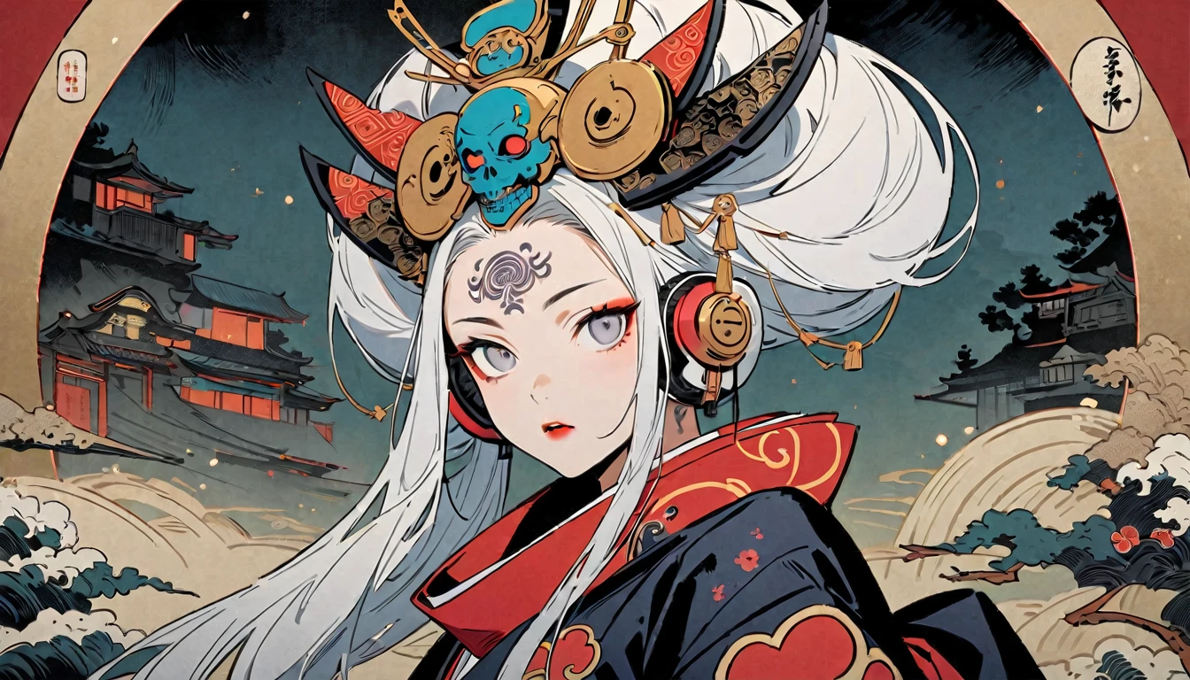 Ink painting, (((1 Ninja Girl))), (((Tattoo in the middle of the forehead))),(((In the background is the Akatsuki moon))), (((Oiran))), (((Great hair accessories))), Japanese style headphones, Demon possession, (((Grey eyes with engraving inside))),Face up close, Japanese beauty, White hair, Sensitive and precise, Modern Ukiyo-e style, Highest quality, katsushika hokusai, (((Elements of horror))), beautiful girl, Sensitive and precise, Modern Ukiyo-e style, Cyberpunk city,