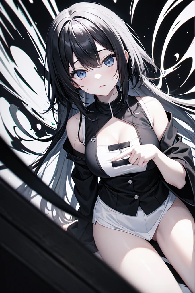 1 girl in, no smile, sparkling navy blue eyes, (black hair) , small stature, small breasts, loli, (masutepiece:1.2, Best Quality), (finely detailed beautiful eye: 1.2), (beautifull detailed face), High contrast, (Best Illumination, extremely delicate and beautiful), ((Cinematic Light)), Dramatic light, (Pale white background:1.5), bandaged_leg, bandages, bandaged_arm, naked_bandage, bandaged_neck, mummy_costume, navel, bandaged_hand,  bandaid, long_hair, collarbone, bare_shoulders, bandaged_head, collarbone, put lost of bandages on head, lots of bandages, bandage on the wound, sheis whole body was wrapped up in bandage,worn-out clothes, bound with chains, slave,