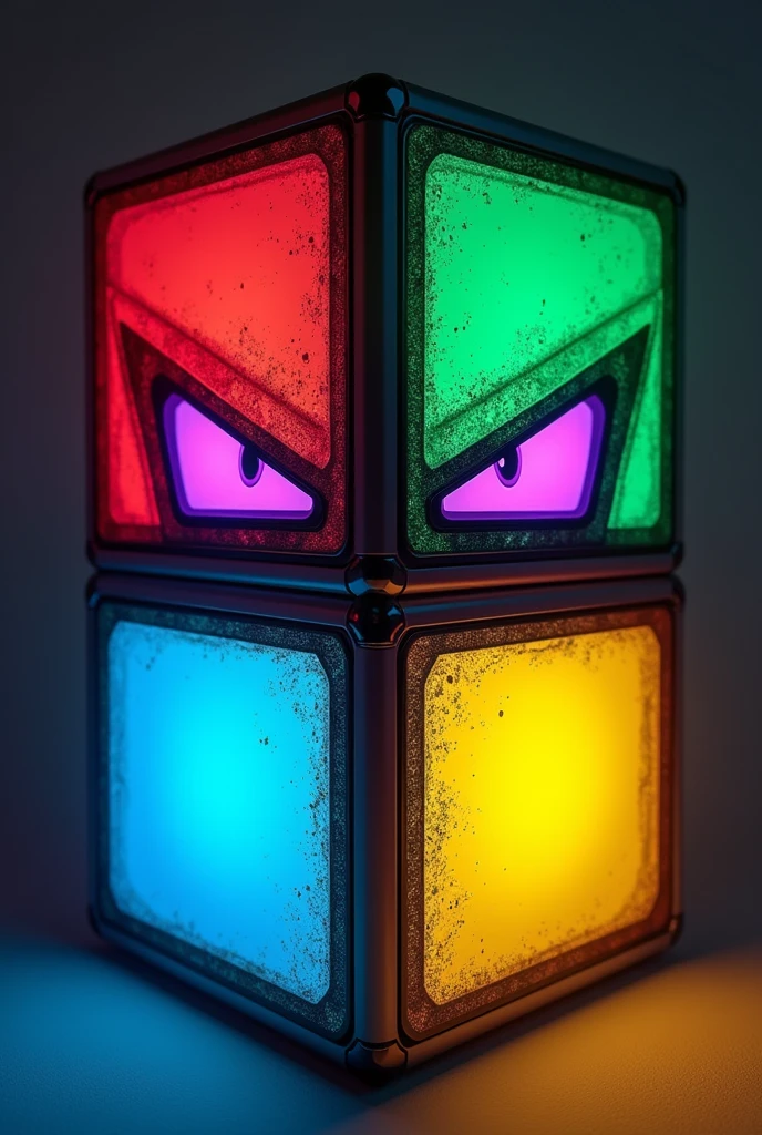 cube, front part is divided into four colors; red (top left), green (top right), blue (bottom left), and yellow (bottom right). The eyes are rectangular, phosphorescent purple and with an angry expression, there is no mouth or nose, cyberpunk style.

