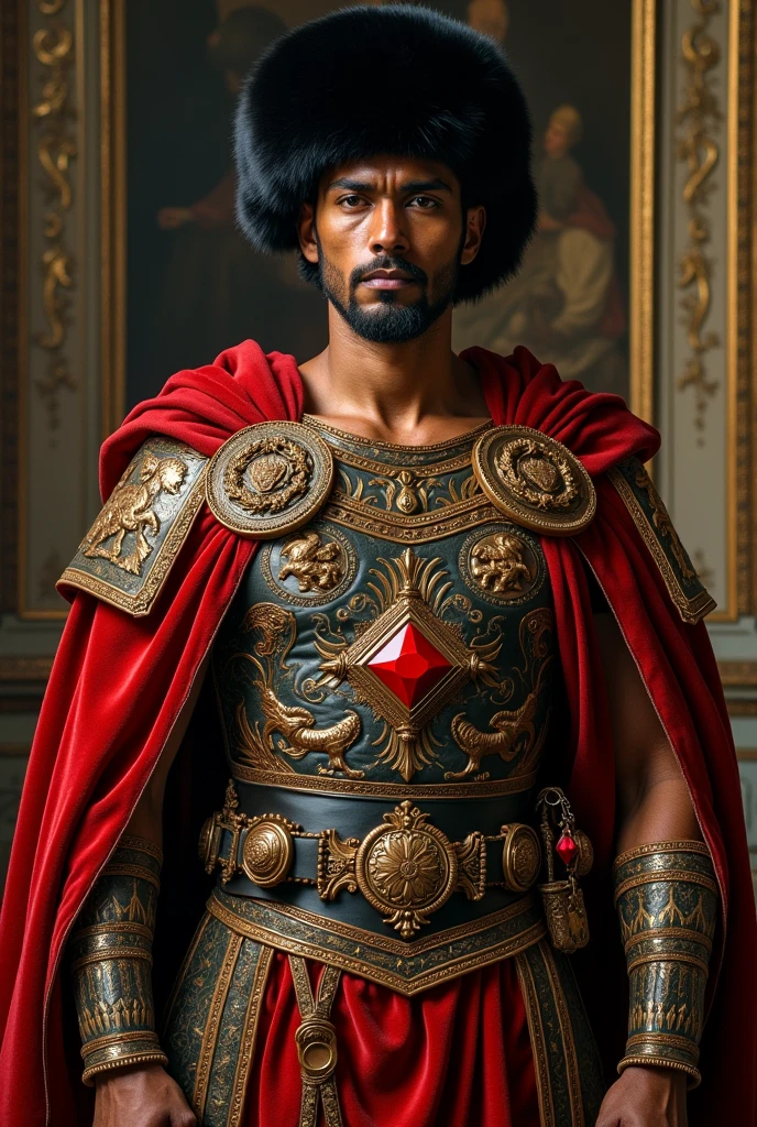 {{Masterpiece, best quality, Roman mosaic by Moebius, by Franz von Stuck, male focus}}, the composition is: ((((dramatic portrait of a 20 year old ancient Roman guard, bronze skin, magnificent, wearing a Russian fur hat, a red diamond shape pendant)))). (((((He is wearing a lorica ancient Roman uniform made of embroidered velvet and alligator leather with ronin elements, ancient Roman elements, wearing a sash, wearing hellenistic medals))))).