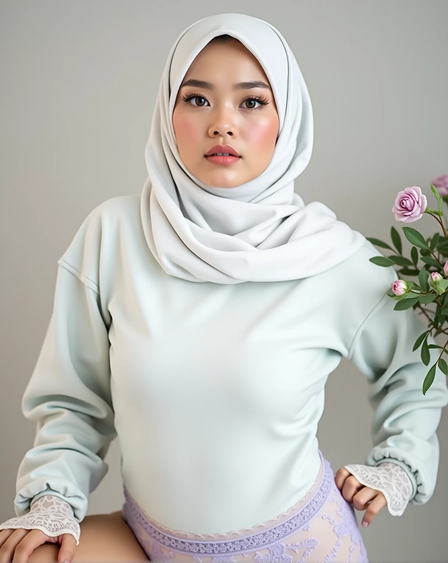 Vogue style side view photo shoot of malay 20years old young woman wear ((lace lilac bra and panties)) with pastel colored background in Wes Anderson style, detail skin texture, detailed face, saggy breast, dark , camel toe, heavy big breast, big round ass, wide hips, thick thighs, beer belly, curvy, view from side, hyper - realistic photography, Wes Anderson style, full body, 8k, close - up shot, extreme close - up photo, ((looking at viewer))
