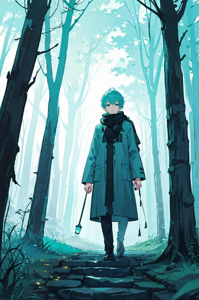 Walking through a forest shrouded in white mist、With short, aqua-colored hair and a lantern in one hand、A boy wearing a black scarf