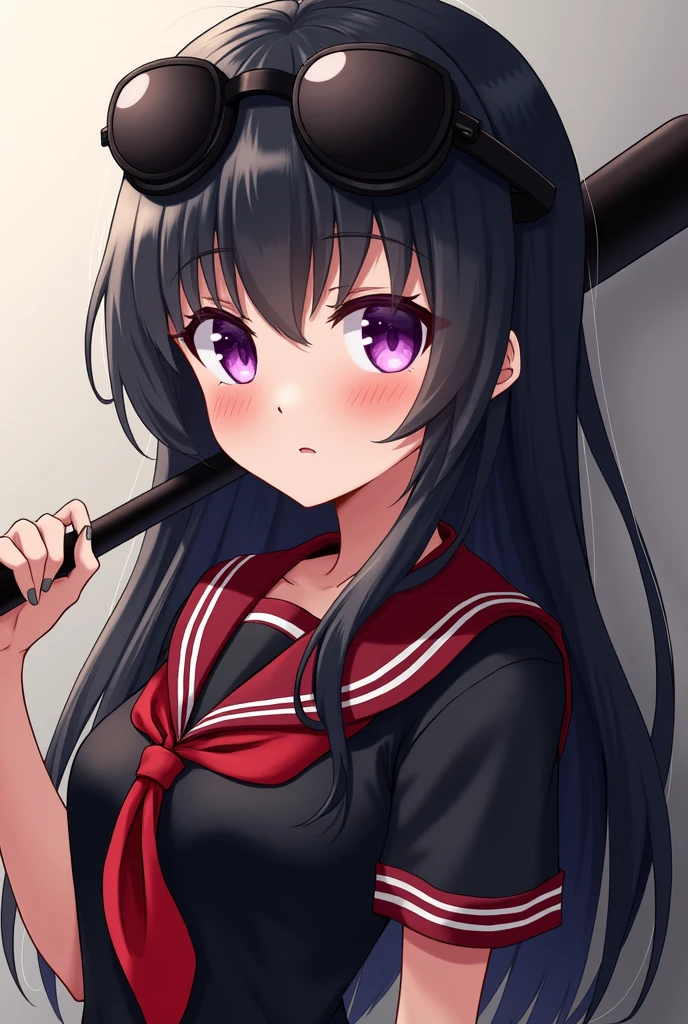 black long straight haircut, black red sailor school dress, fantasy, violet eye, semi anime, black goggle on head, baseball bat, adult, badass