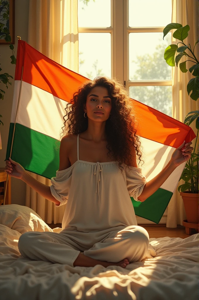 Indian flag with name Veera BABU.beautiful woman, sitting on bed, wearing loose off-shoulder top, pajama pants, long curly hair, indoors, soft lighting, plants in background, window with sunlight, cozy room, relaxed pose, realistic, intricate details, warm colors, by Greg Rutkowski, by Alphonse Mucha
