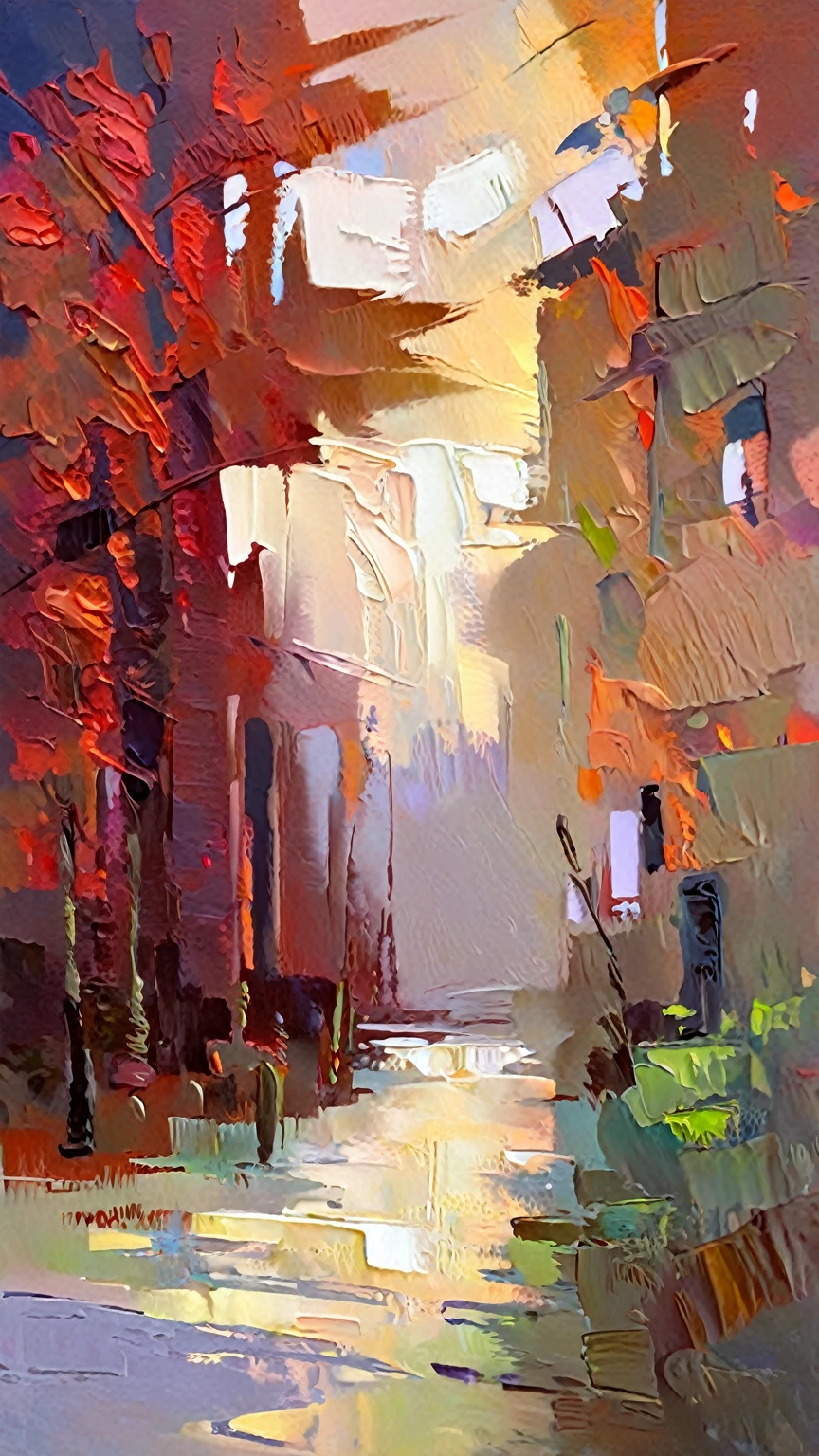 a thick textured oil painting, impasto brushstrokes, dry brushing,revealing underlayers, abstract landscape, moody lighting, dramatic shadows, muted earthy colors, vibrant colors, highly detailed, masterpiece,