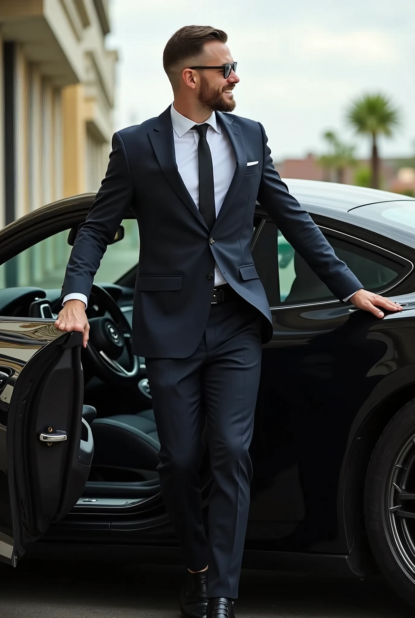 A guy with formal suits entering sport car.