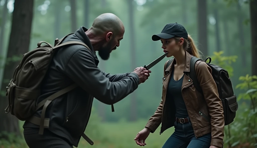 Cinematic, movie stills, fighti8ng scene, combat scene, a woman is stabbing a knife into a zombie's head inside a forest. The woman is captured wearing a worn leather jacket, a dark t shirt, black baseball hat, and a large backpack. The zombie is standing in front of the woman, grabs the woman's shoulder. 