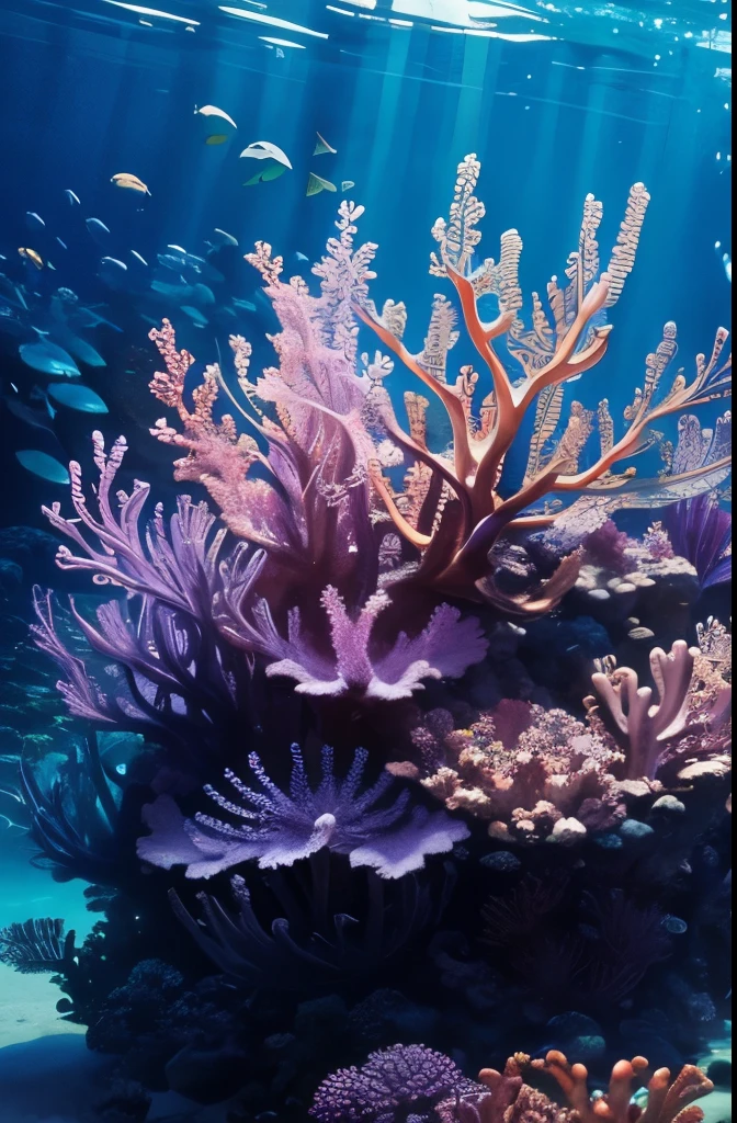 purple sea anemone in a tank with other sea creatures, a macro photograph by Stefan Lochner, flickr, art nouveau, delicate coral sea bottom, colorful coral, long wispy tentacles, harmony of neon glowing coral, translucent gills, eagle coral, elegant coral sea bottom, beautiful colorful corals, purple and blue neons, radiating atomic neon corals, sea anemone