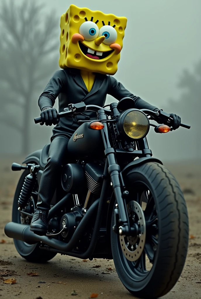 Spongebob dressed in black with long sleeves on a black chopper motorcycle 