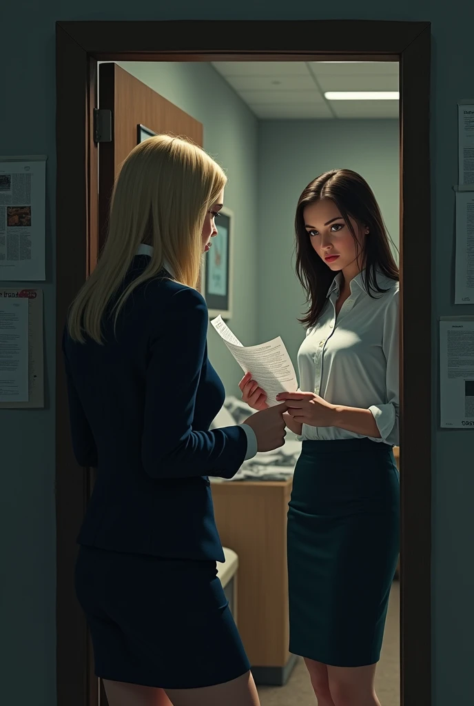 a blonde woman hiding in the doorway watching another black woman employed in the room with papers in her hands
