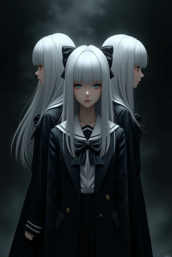 Make me a book cover, black background, with black shadows around them without humanoid faces, three girls in the middle, agers in school uniform, all three with white hair, A girl with a bow , mysterious atmosphere