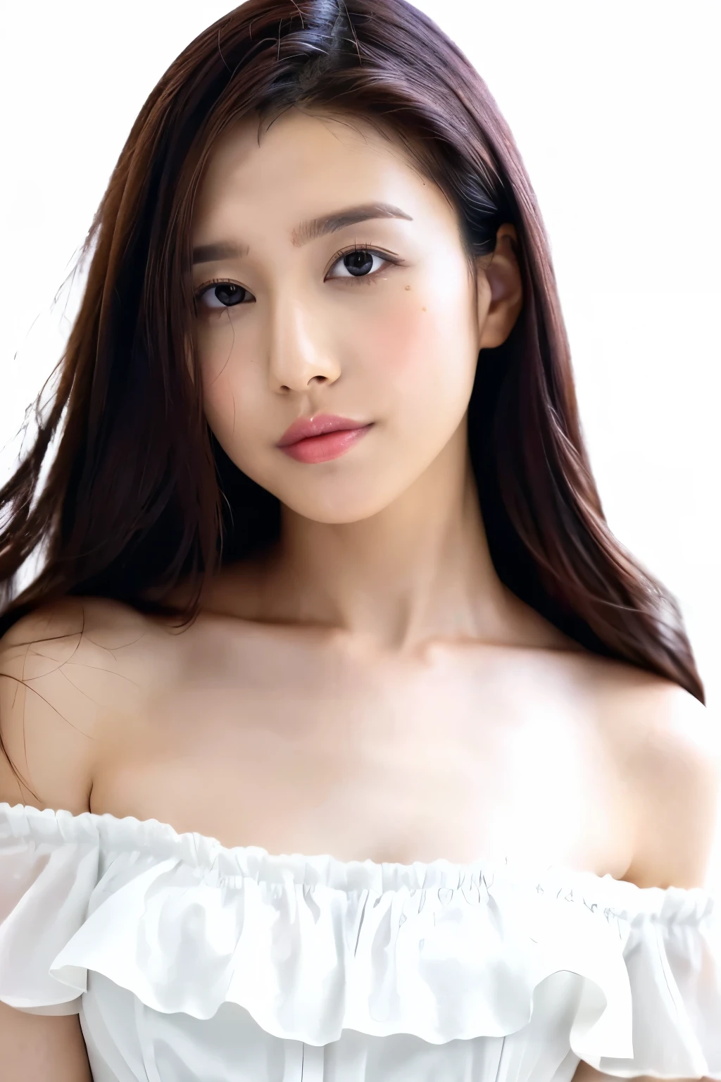 (Highest quality、masterpiece、8k、Best image quality、Award-winning works)、1 female、(White shirt with perfect off-the-shoulder large frills:1.3)、(A bored expression looking at me:1.1)、(Close-up of face:1.1)、Accentuate your body lines、(Standing Elegantly:1.1)、(Accurate anatomy:1.1)、Radiant Skin、clear, Beautiful sky、Beautiful thunderclouds、(Strongly blurred fresh field background:1.1)、Beautiful realistic flowers、Very bright and vivid、Bright and glowing skin、(Strongly blurred background:1.2)、Perfect Makeup、Long eyelashes、Bright lipstick、Glossy Lips、Ultra HD glossy skin、Ultra-high resolution, bright and beautiful skin、超高精細のGlossy Lips、Ultra-high resolution beautiful teeth