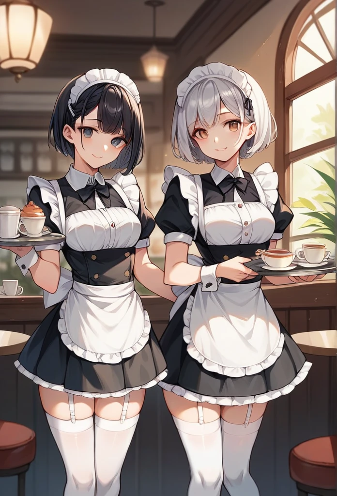 pretty girl,smile,Silver Hair,Short Hair,Maid clothes,White knee-high socks,White garter belt,pumps,Cafe,Hold the tray in your right hand,Pull up your skirt,2girls, Long Black Hair,Beautiful girls,